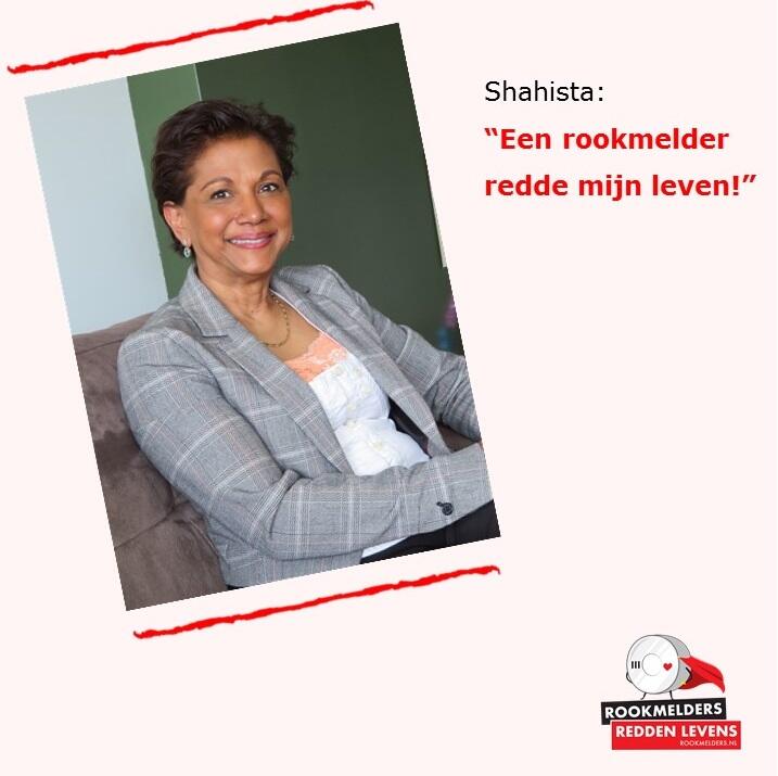 Foto van Shashista met de quote "een rookmelder redde mijn leven!"